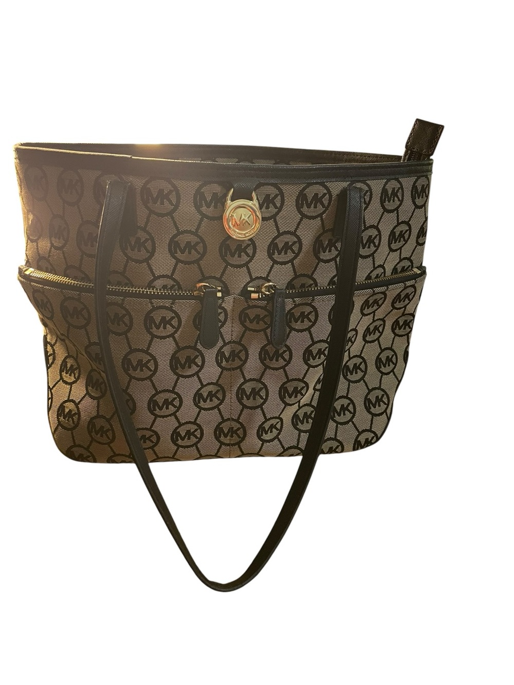Michael Kors MK Signature Jacquard Tote Bag Black Grey Zip Top